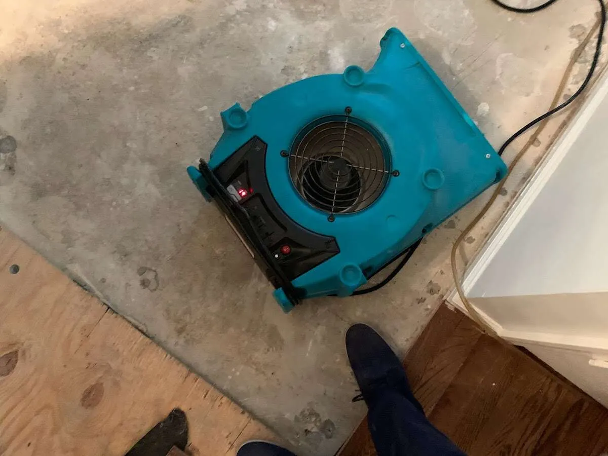 Air mover drying subfloor during Leak Detection & Repair in West Deer